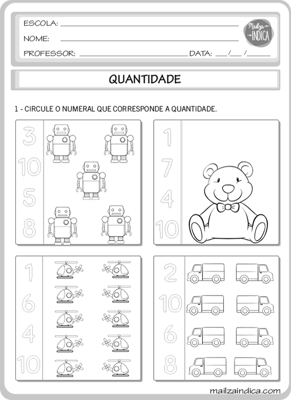 Atividade de Matemática para 1º ano – Números e quantidades